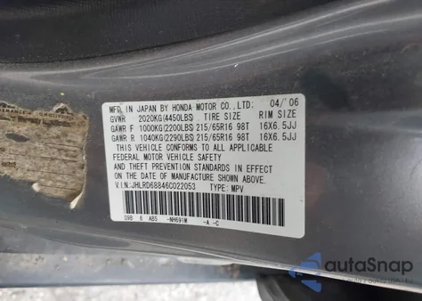 2006 Honda Cr-V Ex from USA, damaged, VIN JHLRD68846C022053